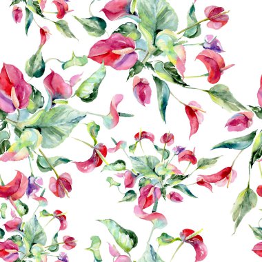 Pembe spatifilyum botanik çiçek. Vahşi bahar yaprak izole. Suluboya resim kümesi. Suluboya çizim moda aquarelle. Sorunsuz arka plan deseni. Kumaş duvar kağıdı yazdırma doku.