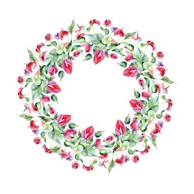 Pembe spatifilyum çiçek botanik çiçekler. Vahşi bahar yaprak izole kır çiçeği. Suluboya arka plan illüstrasyon küme. Suluboya çizim moda aquarelle izole. Çerçeve kenarlığı süsleme Meydanı.