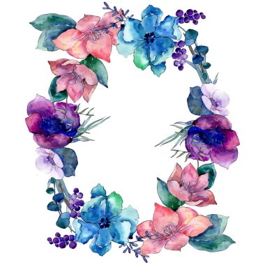 Buket çiçek botanik çiçekler. Vahşi bahar yaprak izole kır çiçeği. Suluboya arka plan illüstrasyon küme. Suluboya çizim moda aquarelle izole. Çerçeve kenarlığı süsleme Meydanı.