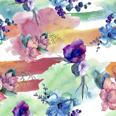 Buket çiçek botanik çiçekler. Vahşi bahar yaprak izole kır çiçeği. Suluboya resim kümesi. Suluboya çizim moda aquarelle. Sorunsuz arka plan deseni. Kumaş duvar kağıdı yazdırma doku.