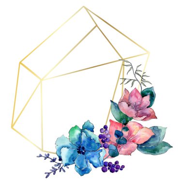 Buket çiçek botanik çiçekler. Vahşi bahar yaprak izole kır çiçeği. Suluboya arka plan illüstrasyon küme. Suluboya çizim moda aquarelle izole. Çerçeve kenarlığı kristal süsleme Meydanı.