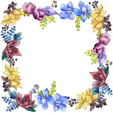 Buket kompozisyon çiçek botanik çiçekler. Vahşi bahar yaprak izole kır çiçeği. Suluboya arka plan illüstrasyon küme. Suluboya çizim moda aquarelle. Çerçeve kenarlığı süsleme Meydanı.