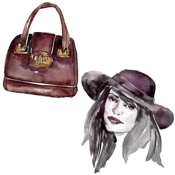 모자와 핸드백 매력적인 수채화 스타일 요소를 스케치 합니다 액세서리 설정합니다 — 스톡 사진