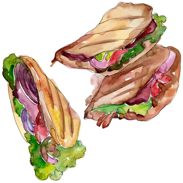在水彩画样式查出的三明治 包装图案或菜单的 Aquarelle 白色背景的水彩画快餐插图元素 — 图库照片