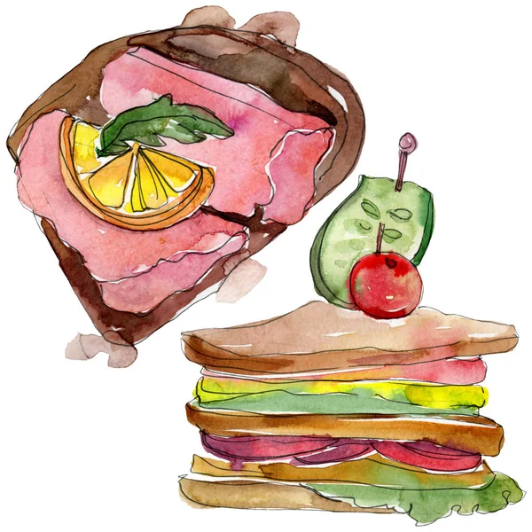 Sandwich Stile Acquerello Isolato Aquarelle Sfondo Texture Motivo Wrapper Menu — Foto Stock