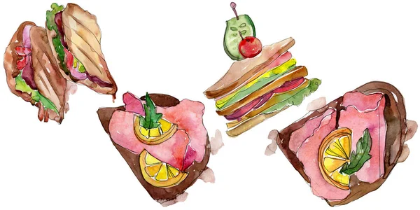 在水彩画样式查出的三明治 包装图案或菜单的 Aquarelle 白色背景的水彩画快餐插图元素 — 图库照片