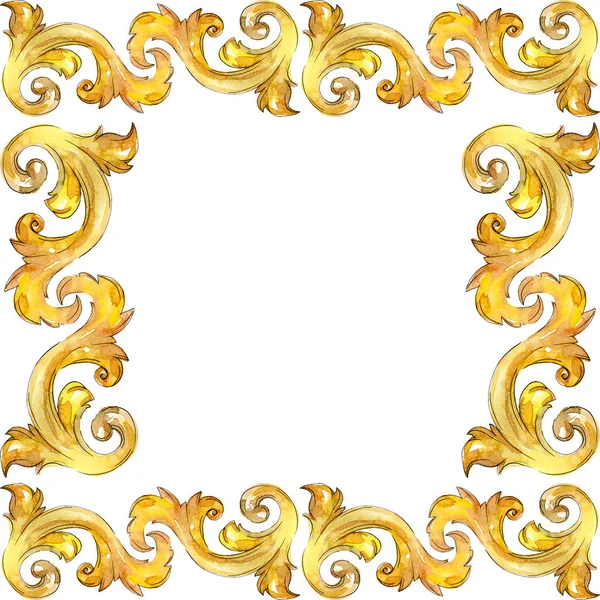 Altın monogram çiçek süsleme. Barok izole öğeleri Tasarla. Suluboya arka plan illüstrasyon küme. Suluboya çizim moda aquarelle izole. Çerçeve kenarlığı süsleme Meydanı.