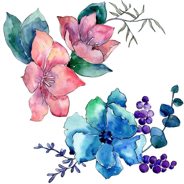 花束花植物の花 野生春葉のワイルドフラワーが分離されました 水彩画背景イラスト セット 水彩描画ファッション Aquarelle 孤立した花束の図要素 — ストック写真