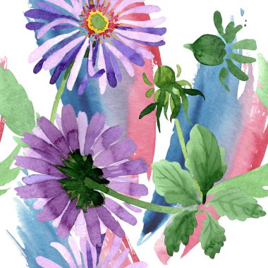 Mavi menekşe Aster botanik çiçek. Vahşi bahar yaprak kır çiçeği. Suluboya resim kümesi. Suluboya çizim moda aquarelle. Sorunsuz arka plan deseni. Kumaş duvar kağıdı yazdırma doku.