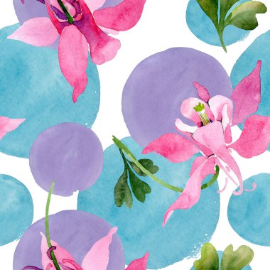 Kırmızı aquilegia botanik çiçek. Vahşi bahar yaprak kır çiçeği. Suluboya resim kümesi. Suluboya çizim moda aquarelle. Sorunsuz arka plan deseni. Kumaş duvar kağıdı yazdırma doku.