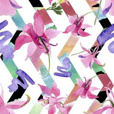 Kırmızı aquilegia botanik çiçek. Vahşi bahar yaprak kır çiçeği. Suluboya resim kümesi. Suluboya çizim moda aquarelle. Sorunsuz arka plan deseni. Kumaş duvar kağıdı yazdırma doku.