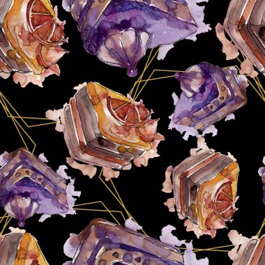 Meyve izole bir sulu boya stilinde lezzetli pasta. Aquarelle şekerli tatlı illüstrasyon. Suluboya çizim moda seti. Sorunsuz arka plan deseni. Kumaş duvar kağıdı yazdırma doku.
