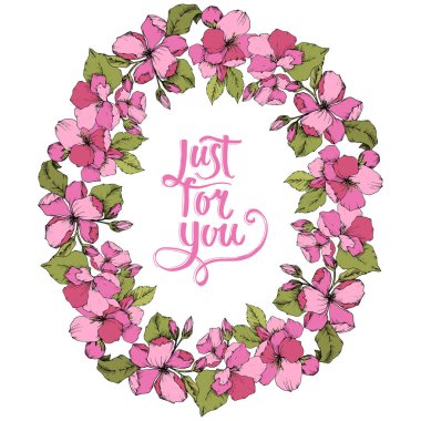 Vektör pembe elma çiçeği botanik çiçek. Vahşi bahar yaprak izole. Oyulmuş mürekkep sanat. Çerçeve kenarlığı süsleme kare beyaz arka plan üzerinde.