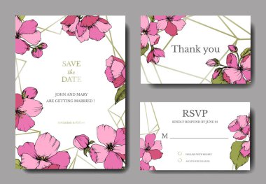 Vektör pembe elma çiçeği botanik çiçek. Vahşi bahar yaprak izole. Oyulmuş mürekkep sanat. Düğün arka plan kartı çiçek Dekoratif kenarlık. Zarif kartınız illüstrasyon grafik afiş ayarla.