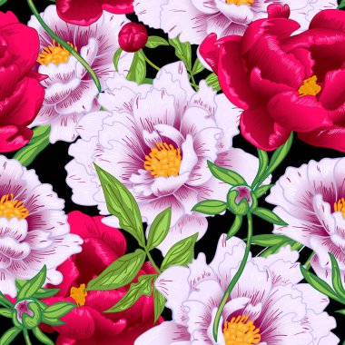 Kırmızı ve pembe peony çiçek botanik çiçekler vektör. Vahşi bahar yaprak izole kır çiçeği. Oyulmuş mürekkep sanat. Sorunsuz arka plan deseni. Kumaş duvar kağıdı yazdırma doku.