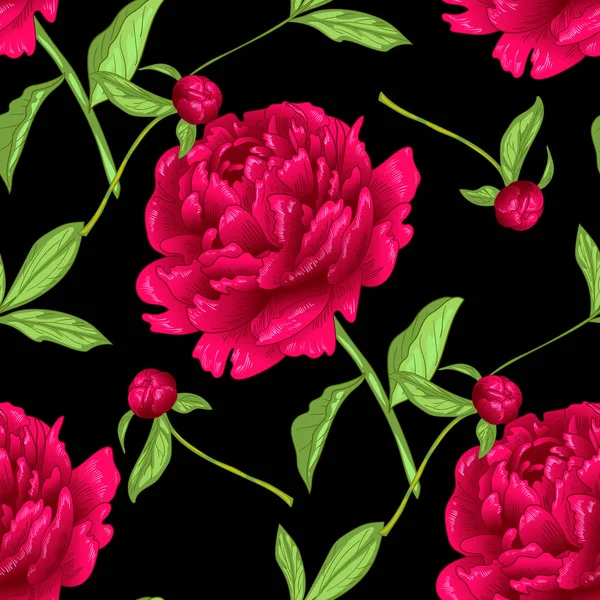 ベクトル赤い牡丹の花植物花 野生春葉のワイルドフラワーが分離されました 刻まれたインク アート シームレスな背景パターン 壁紙印刷手触りの生地 — ストックベクタ
