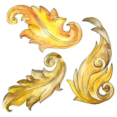 Altın monogram çiçek süsleme. Barok tasarım öğeleri. Suluboya arka plan illüstrasyon küme. Suluboya çizim moda aquarelle. İzole monogram illüstrasyon öğesi.