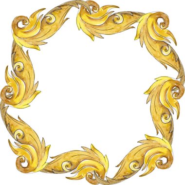Altın monogram çiçek süsleme. Barok izole öğeleri Tasarla. Suluboya arka plan illüstrasyon küme. Suluboya çizim moda aquarelle izole. Çerçeve kenarlığı süsleme Meydanı.