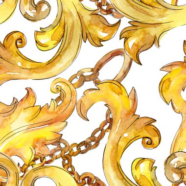Altın monogram çiçek süsleme. Barok izole öğeleri Tasarla. Suluboya resim kümesi. Suluboya çizim moda aquarelle. Sorunsuz arka plan deseni. Kumaş duvar kağıdı yazdırma doku.