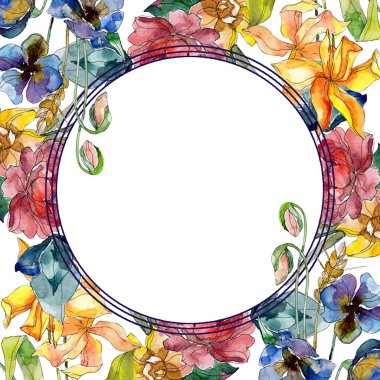 Kır çiçeği buket çiçek botanik çiçekler. Vahşi bahar yaprak izole kır çiçeği. Suluboya arka plan illüstrasyon küme. Suluboya çizim moda aquarelle izole. Çerçeve kenarlığı süsleme Meydanı.