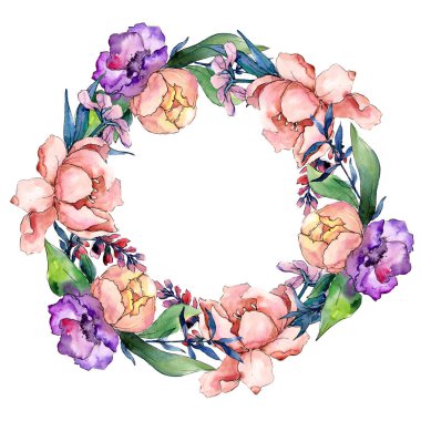 Şakayık buketleri botanik çiçek. Vahşi bahar yaprak izole kır çiçeği. Suluboya arka plan illüstrasyon küme. Suluboya çizim moda aquarelle. Çerçeve kenarlığı süsleme Meydanı.