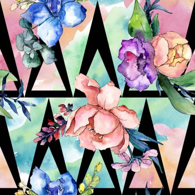 Şakayık buketleri botanik çiçek. Vahşi bahar yaprak izole. Suluboya resim kümesi. Suluboya çizim moda aquarelle. Sorunsuz arka plan deseni. Kumaş duvar kağıdı yazdırma doku.