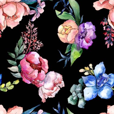 Şakayık buketleri botanik çiçek. Vahşi bahar yaprak izole. Suluboya resim kümesi. Suluboya çizim moda aquarelle. Sorunsuz arka plan deseni. Kumaş duvar kağıdı yazdırma doku.