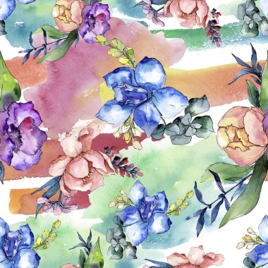 Şakayık buketleri botanik çiçek. Vahşi bahar yaprak izole. Suluboya resim kümesi. Suluboya çizim moda aquarelle. Sorunsuz arka plan deseni. Kumaş duvar kağıdı yazdırma doku.