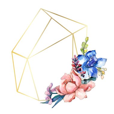 Şakayık buketleri botanik çiçek. Vahşi bahar yaprak izole kır çiçeği. Suluboya arka plan illüstrasyon küme. Suluboya çizim moda aquarelle. Çerçeve kenarlığı kristal süsleme Meydanı.