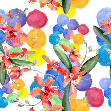 Mercan orkide botanik çiçek dalı. Vahşi bahar yaprak izole. Suluboya resim kümesi. Suluboya çizim moda aquarelle. Sorunsuz arka plan deseni. Kumaş duvar kağıdı yazdırma doku.