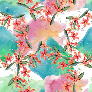 Mercan orkide botanik çiçek dalı. Vahşi bahar yaprak izole. Suluboya resim kümesi. Suluboya çizim moda aquarelle. Sorunsuz arka plan deseni. Kumaş duvar kağıdı yazdırma doku.
