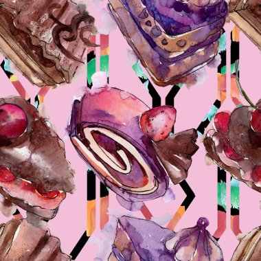 Meyve izole bir sulu boya stilinde lezzetli pasta. Aquarelle şekerli tatlı illüstrasyon. Suluboya çizim moda seti. Sorunsuz arka plan deseni. Kumaş duvar kağıdı yazdırma doku.