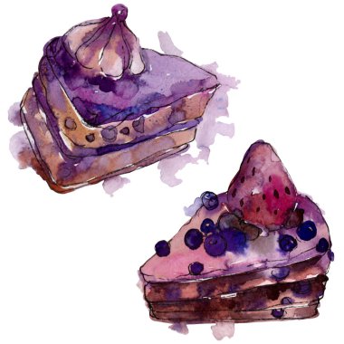 Meyve izole bir sulu boya stilinde lezzetli pasta. Aquarelle tatlı tatlı doku, arka plan veya menü illüstrasyon için. Suluboya çizim moda aquarelle seti.