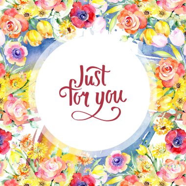 Sarı ve kırmızı çiçek botanik çiçekler buket. Vahşi bahar yaprak izole kır çiçeği. Suluboya arka plan illüstrasyon küme. Suluboya çizim moda aquarelle. Çerçeve kenarlığı süsleme Meydanı.