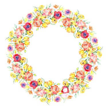 Sarı ve kırmızı çiçek botanik çiçekler buket. Vahşi bahar yaprak izole kır çiçeği. Suluboya arka plan illüstrasyon küme. Suluboya çizim moda aquarelle. Çerçeve kenarlığı süsleme Meydanı.