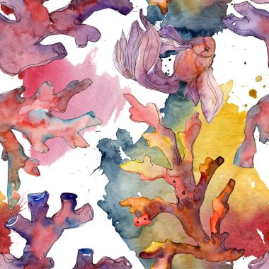 Kırmızı ve sarı su sualtı doğa mercan kayalığı. Suluboya resim kümesi. Suluboya çizim moda aquarelle izole. Sorunsuz arka plan deseni. Kumaş duvar kağıdı yazdırma doku.