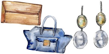 Moda kroki moda glamour çizimde bir suluboya stil izole aquarelle öğesi. Giyim Aksesuarları trendy moda kıyafet ayarlayın. Suluboya arka plan illüstrasyon seti.