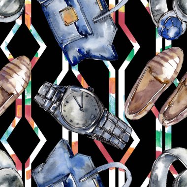 Moda kroki glamour çizimde bir suluboya stil öğesi. Giyim Aksesuarları aqurelle modaya uygun kıyafet ayarlayın. Suluboya sorunsuz arka plan deseni ayarlayın. Kumaş duvar kağıdı yazdırma doku.