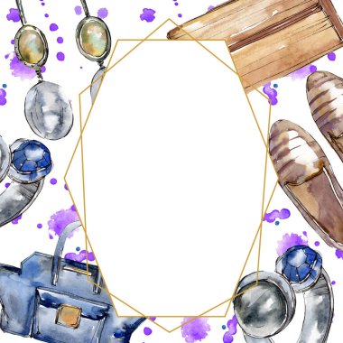 Bir suluboya stil izole aquarelle öğesi moda kroki. Giyim Aksesuarları trendy moda kıyafet ayarlayın. Suluboya arka plan illüstrasyon ayarlayın. Çerçeve kenarlığı kristal süsleme Meydanı.