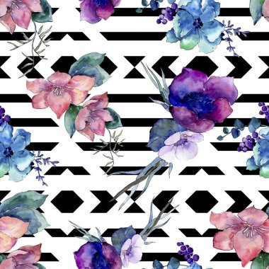 Buket çiçek botanik çiçekler. Vahşi bahar yaprak izole kır çiçeği. Suluboya resim kümesi. Suluboya çizim moda aquarelle. Sorunsuz arka plan deseni. Kumaş duvar kağıdı yazdırma doku.