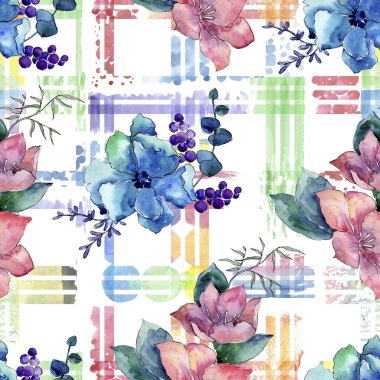 Buket çiçek botanik çiçekler. Vahşi bahar yaprak izole kır çiçeği. Suluboya resim kümesi. Suluboya çizim moda aquarelle. Sorunsuz arka plan deseni. Kumaş duvar kağıdı yazdırma doku.