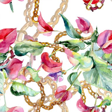 Pembe spatifilyum botanik çiçek. Vahşi bahar yaprak izole. Suluboya resim kümesi. Suluboya çizim moda aquarelle. Sorunsuz arka plan deseni. Kumaş duvar kağıdı yazdırma doku.