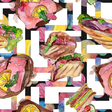 Sandviç izole bir suluboya tarzında ayarlayın. Suluboya lokanta illüstrasyon öğesi. Sorunsuz aquarelle arka plan deseni. Kumaş duvar kağıdı yazdırma doku.