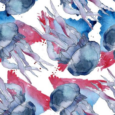 Renkli su sualtı doğa mercan kayalığı. Tropikal bitki deniz öğe. Suluboya resim kümesi. Suluboya çizim aquarelle. Sorunsuz arka plan deseni. Kumaş duvar kağıdı yazdırma doku.