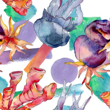 Renkli su sualtı doğa mercan kayalığı. Tropikal bitki deniz öğe. Suluboya resim kümesi. Suluboya çizim aquarelle. Sorunsuz arka plan deseni. Kumaş duvar kağıdı yazdırma doku.