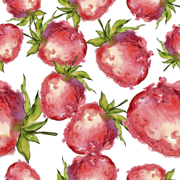 草莓健康食品在水彩画风格隔离 水彩插图集 水彩画时尚水彩画 无缝的背景模式 织物壁纸打印纹理 — 图库照片