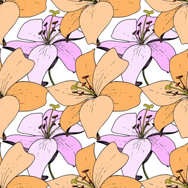 Vektör Lily botanik çiçek. Vahşi bahar yaprak izole kır çiçeği. Oyulmuş mürekkep sanat. Sorunsuz arka plan deseni. Kumaş duvar kağıdı yazdırma doku.