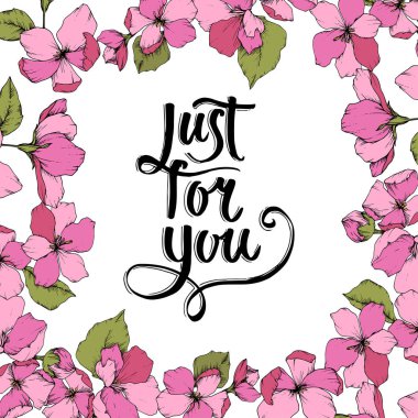 Vektör pembe elma çiçeği botanik çiçek. Vahşi bahar yaprak izole. Oyulmuş mürekkep sanat. Çerçeve kenarlığı süsleme kare beyaz arka plan üzerinde.