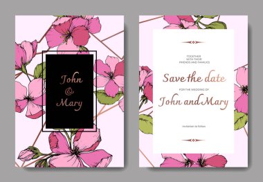 Vektör pembe elma çiçeği botanik çiçek. Vahşi bahar yaprak izole. Oyulmuş mürekkep sanat. Düğün arka plan kartı çiçek Dekoratif kenarlık. Zarif kartınız illüstrasyon grafik afiş ayarla.