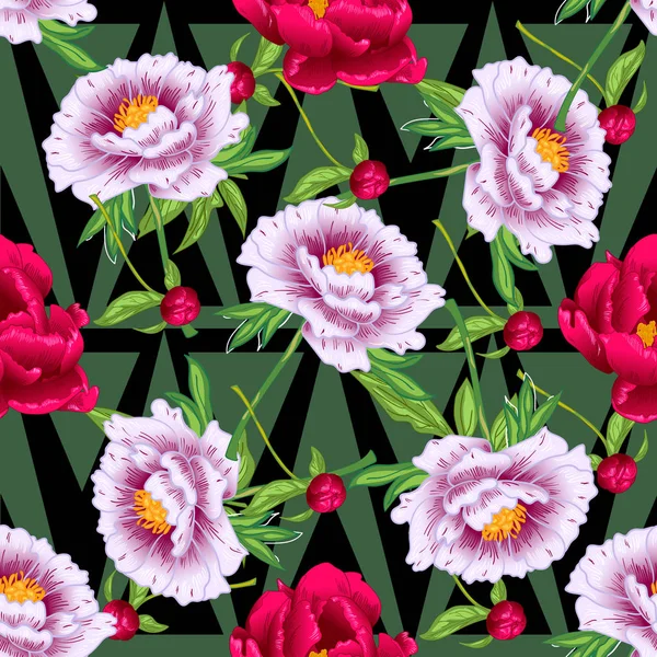 Fleurs Botaniques Florales Pivoines Rouges Roses Vectorielles Feuille Sauvage Printemps — Image vectorielle